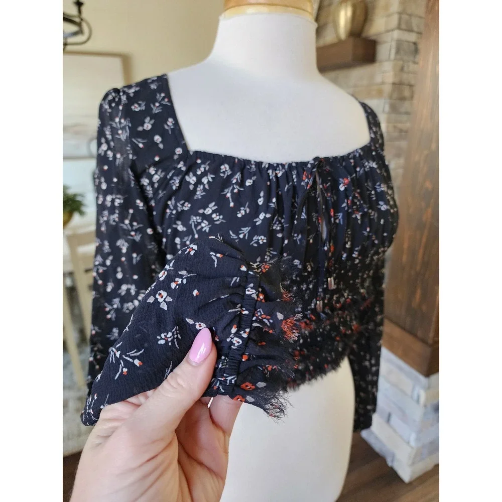 Free‎ People Boho Black Floral Smocked Lolita Long Sleeve Square Neck Womens XS